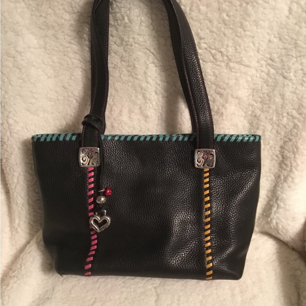 Brighton Black Leather Shoulder Bag with floral lining & 2 bonus charms